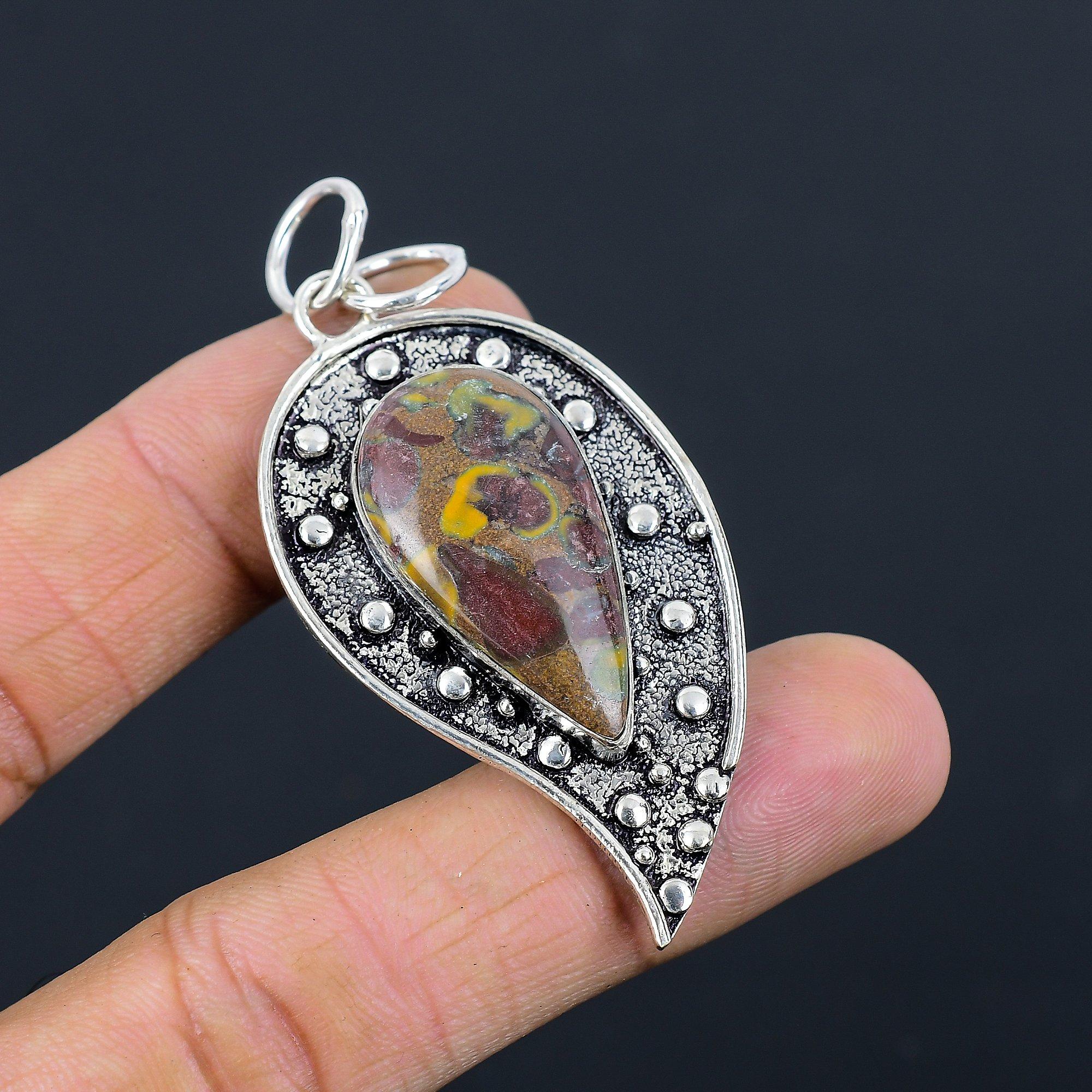 

Womens day Deal Sterling Silver Pear Fruit Jasper Gemstone Bezel Wedding Pendant