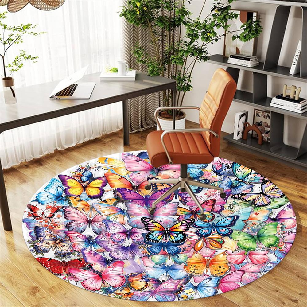 1pc Butterfly Mandala Pattern Office Round Rugs, Under Chair Round Rugs for Living Room, Bedroom, Bathroom Decoration Carpet 091859
