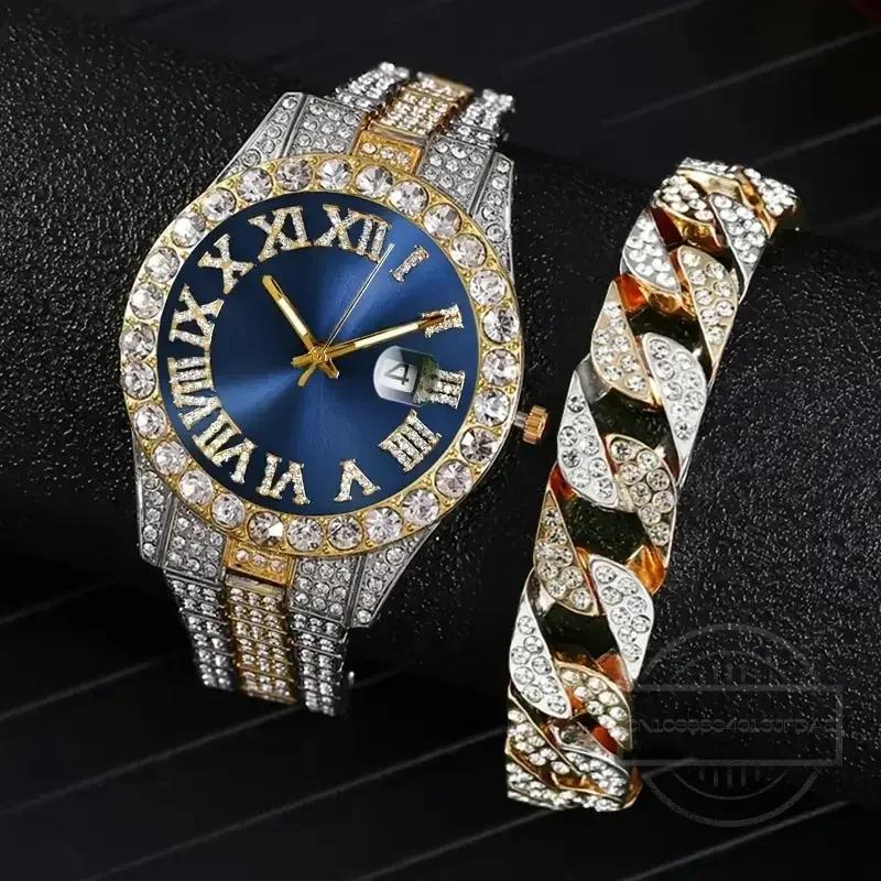 1/2pc Watch Bracelet Hip Hop Stainless Steel Gold Color Calendar Watch for Men Iced Out Paved Rhinestones Men Watch Reloj Hombre