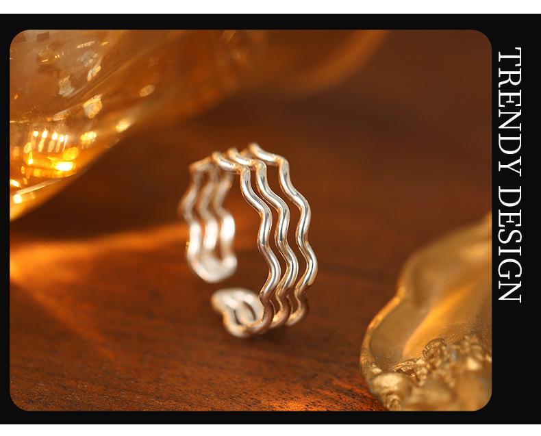 Banyan Tree S925 Silver Triple Wave Korean Ring, Adjustable Plain Cold-Style