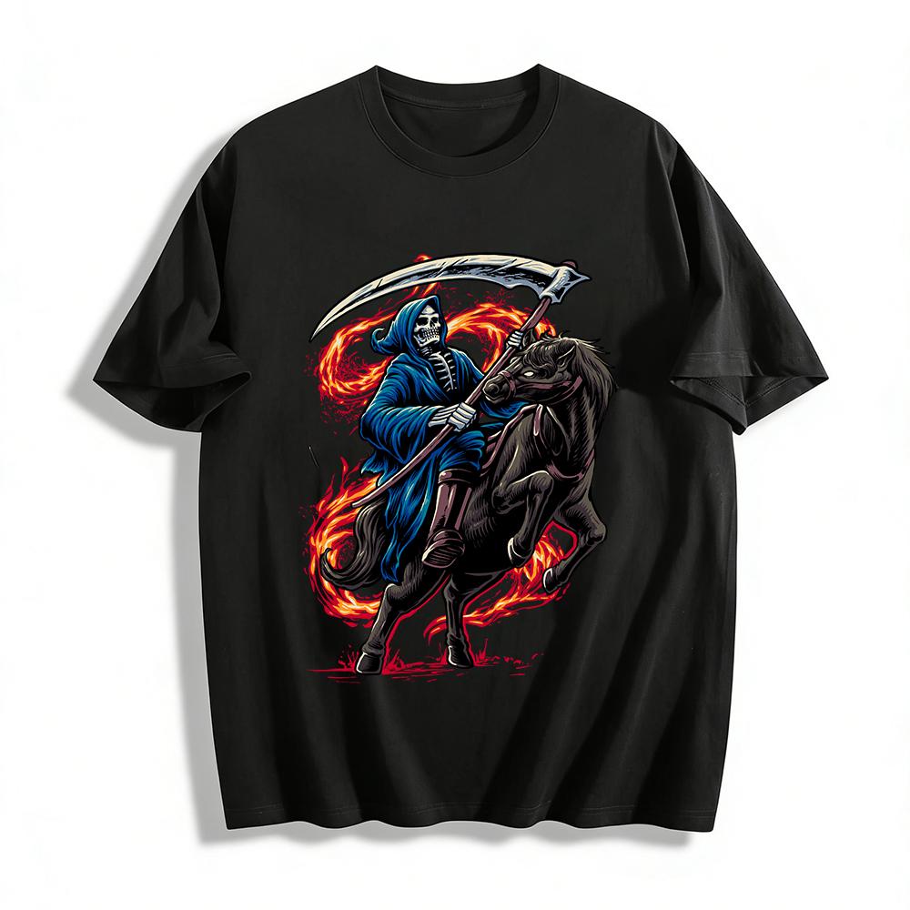 Dark Style Grim Reaper Riding Horse Print Trendy Cool Short Sleeve T-Shirt Pure cotton T-shirt