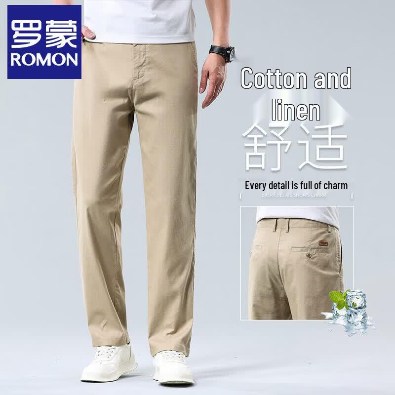 Romon Men s Summer Ice Silk Linen Blend Straight-Leg Pants 34