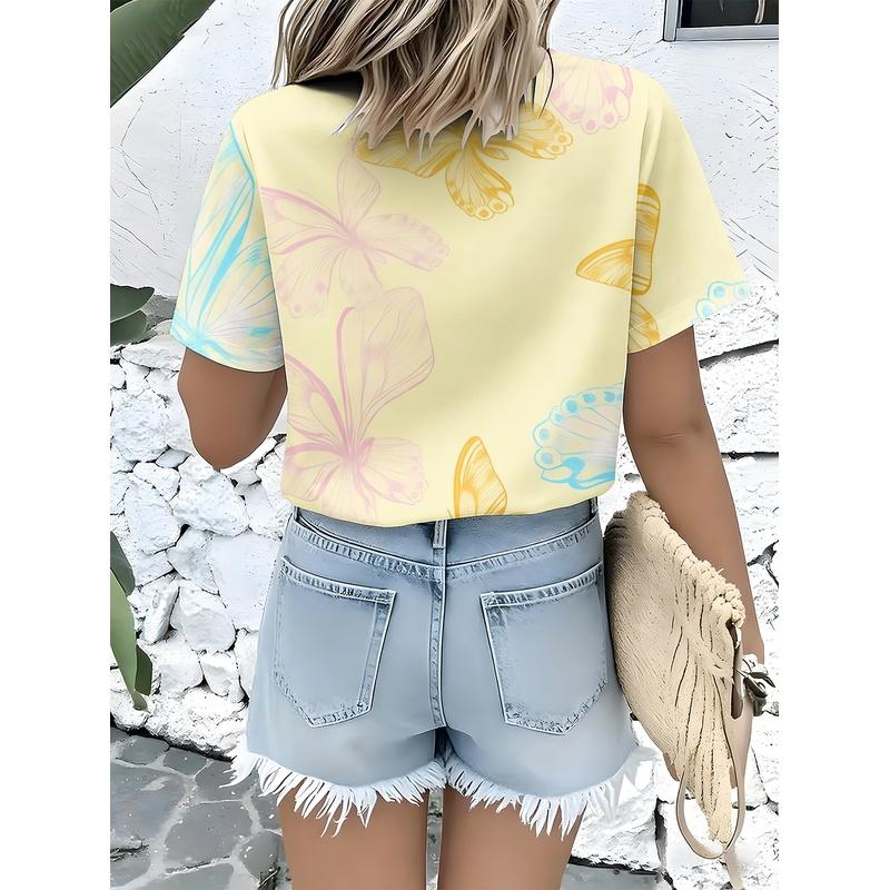 2026 Women Short Sleeve Shirt Fresh Butterfly Print Soft Elegant Temperament Comfortable Skin Friendly Daily Commute Casual All
