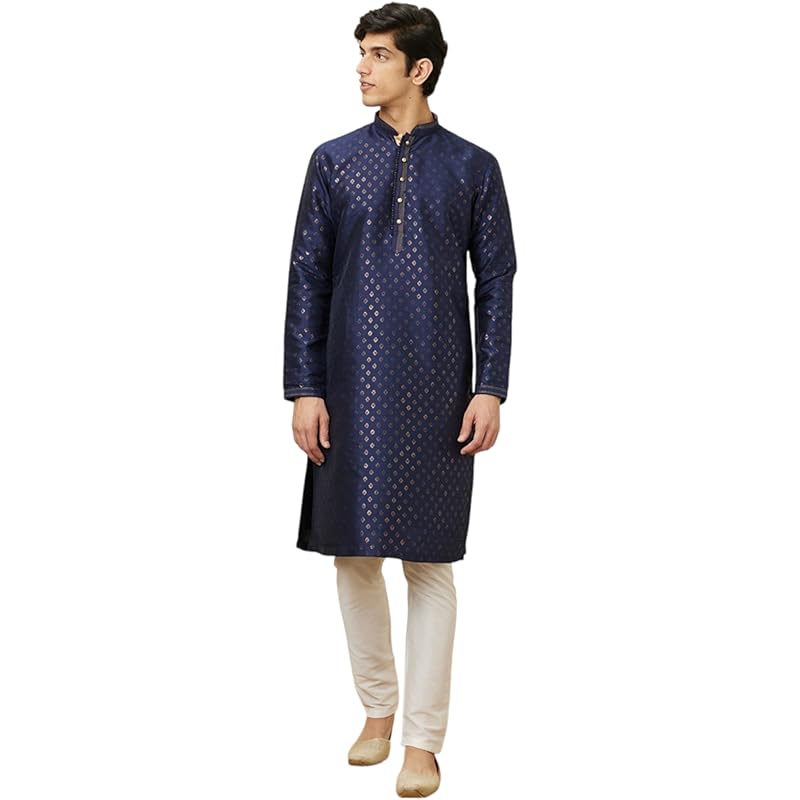 Manyavar Men's Navy Blue Shankh Patterned Kurta Set (2pcs) (Dark Blue,S)