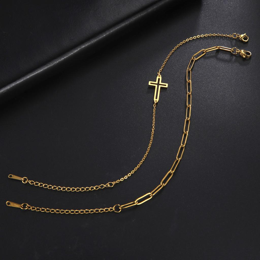 Double Layer Cross Pendant Bracelet For Stacking With Hollow Two-Hole Cross Chain Welded Necklace Jewelry