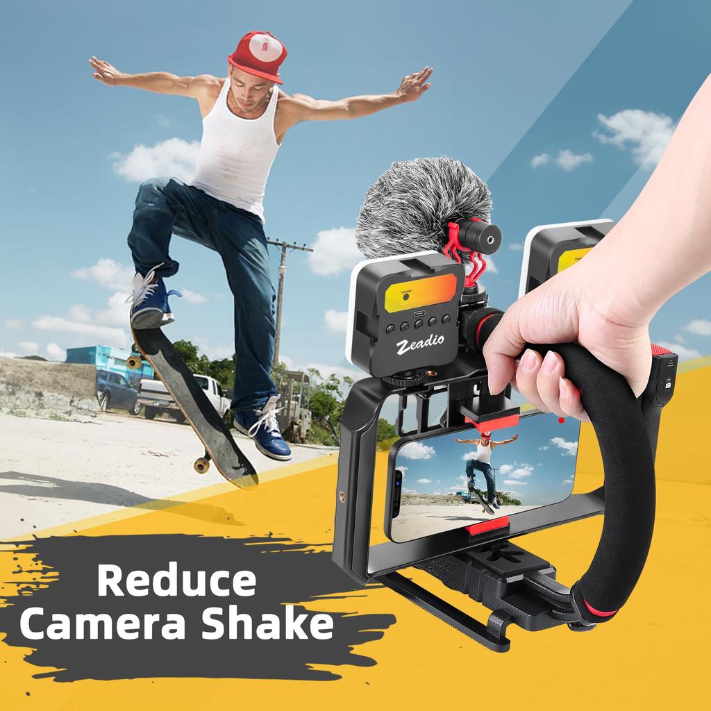 Zeadio Camera Smartphone Portable Handle Grip Handheld Video Rig with RGB Video Light Compatible with All Mirrorless and Smartphones & Stabilizer, &