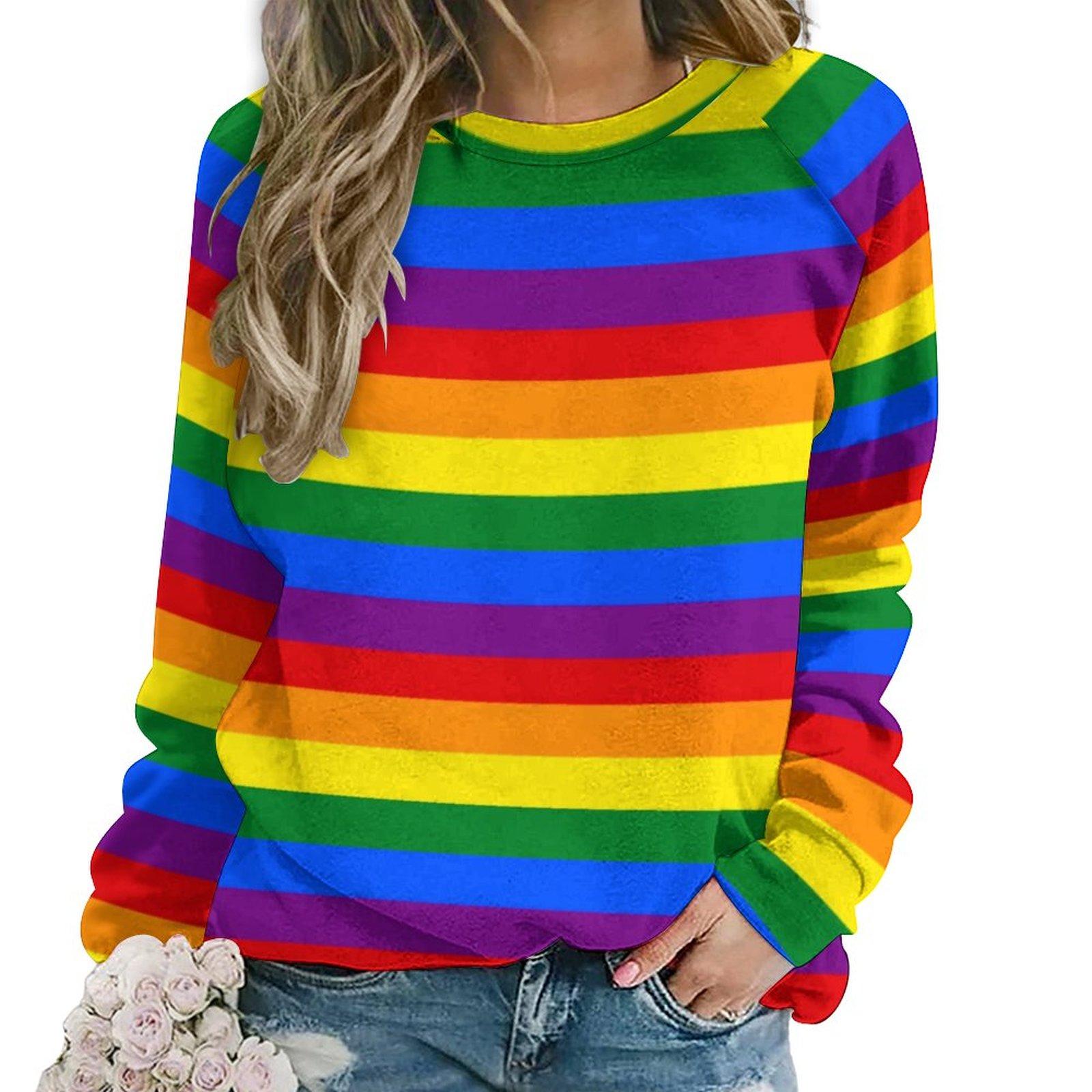 

Женская футболка с 3D-принтом в виде радужных полосок, с круглым вырезом и длинным рукавом, симпатичная повседневная толстовка с капюшоном, свободная, большого размера, модная футболка 3XL