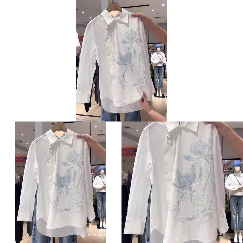 Modern Chinese Style Embroidered Long Sleeve Shirt With Polo Collar For Office Wear