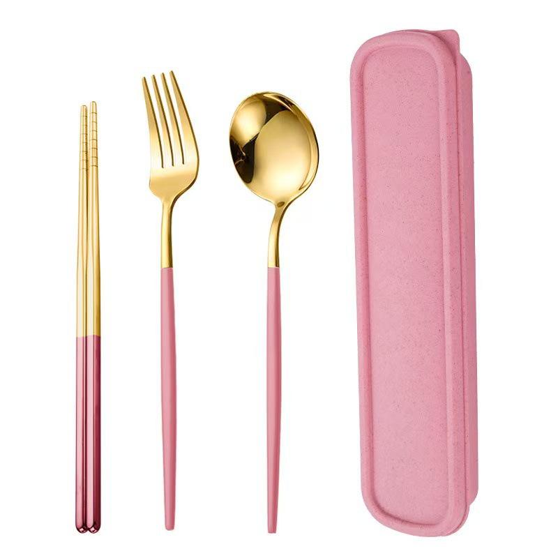 410 Stainless Steel Travel Cutlery Set: Fork, Spoon & Chopsticks In Gift Box. Perfect for Students!
