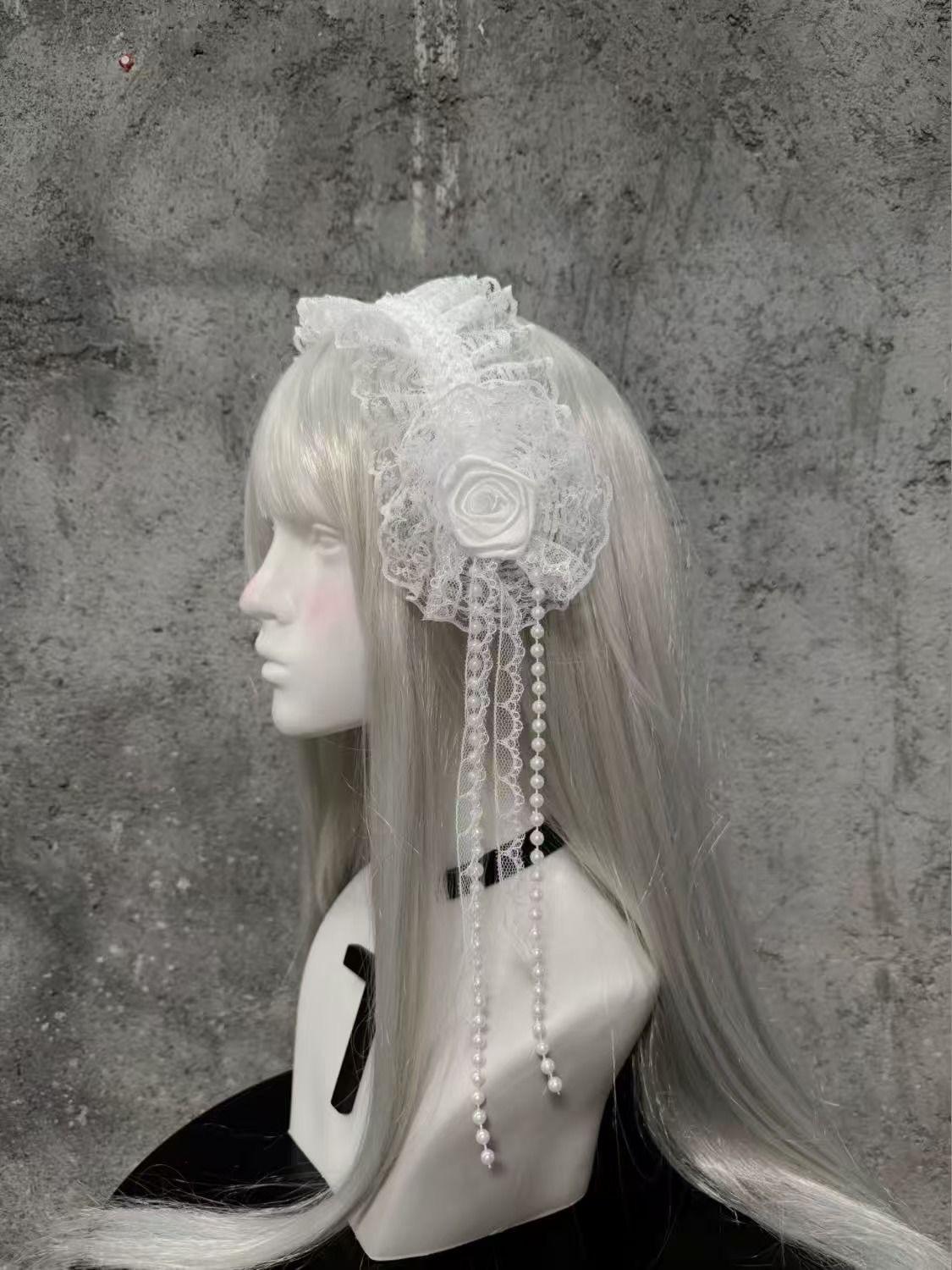 

Lolita Cosplay White Lace Hair Bands New Goth Pearl Rose Hair Accessories Cute Accessories Headwear for Women Wedding Hairband