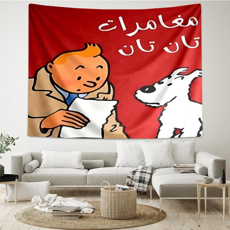 Tintin's Avonturenstad Sneldrogend Wandkleed voor Slaapkamer, Woonkamer, Speelkamer, Decoratie Kunstkamer Wandkleed Vakantie- en Verjaardagscadeaus