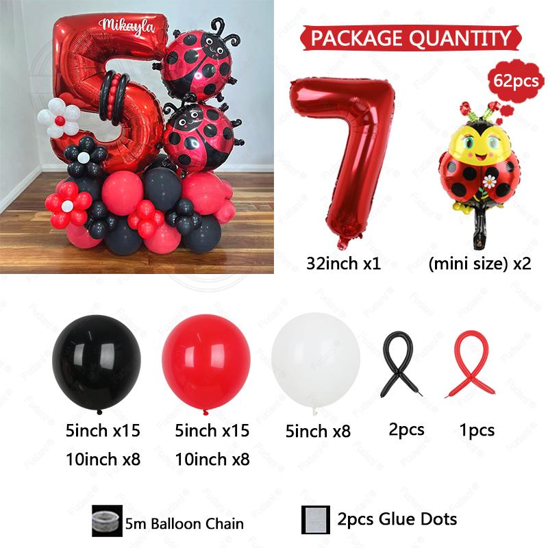 62pcs LadyBug Foil Balloons Garland Arch Kit Red Number Foil Ballon 1-9 Black Dot Happy Birthday Banner Party Decors Air Globos
