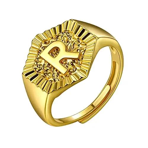 Hexagon Surface 3D Embossed A-Z Initial Letter Rings for Man Woman Adjustable Size A-Z 14k Gold Color Family Signet Jewelry