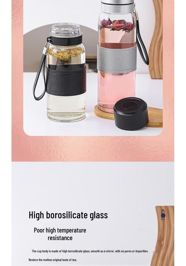 Portable Glass Water Bottle with Lanyard - Quick Open, Tea Separator, High-Capacity Borosilicate Glass