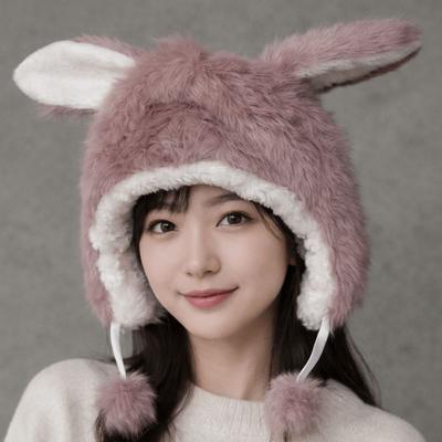 Korean Faux Fur Bucket Hat Fluffy Ear Protection Hat Winter Cute Rabbit Ear Hat  Women