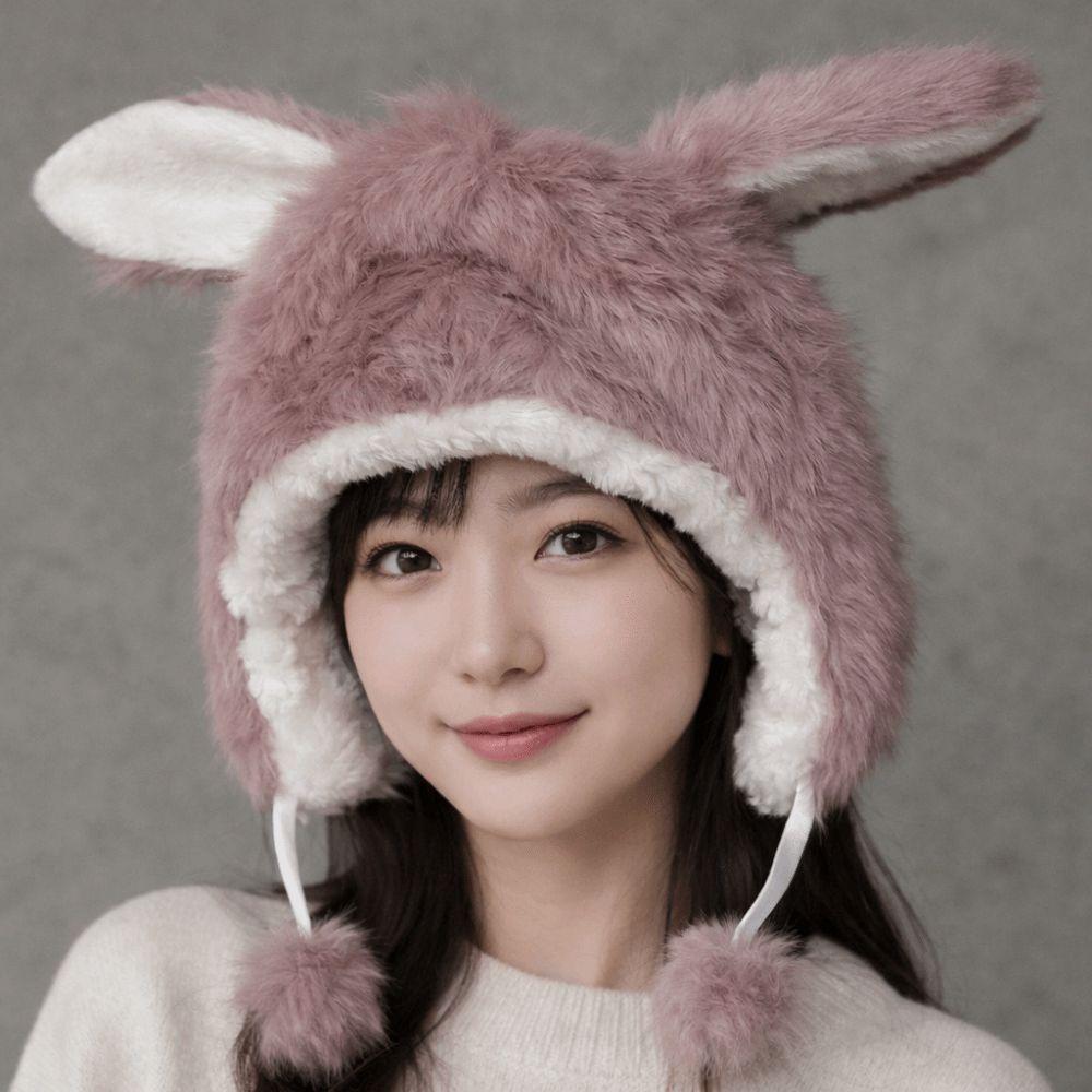 Korean Cute Rabbit Ear Hat Windproof Ear Protection Hat Winter Faux Fur Bucket Hat  Girls