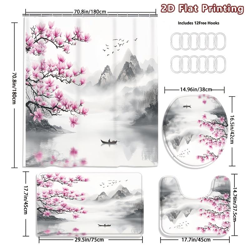 4Pcs 2D Flat Pink Magnolia Blossom Shower Curtain Set with Non-Slip Bath Mat, Toilet Lid Cover, Contour Rug & 12 Hooks, Bathroom Decor