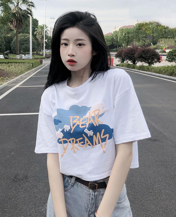 

White loose t-shirt women s summer new Korean version printed foam design high waist short sleeve XXL білий