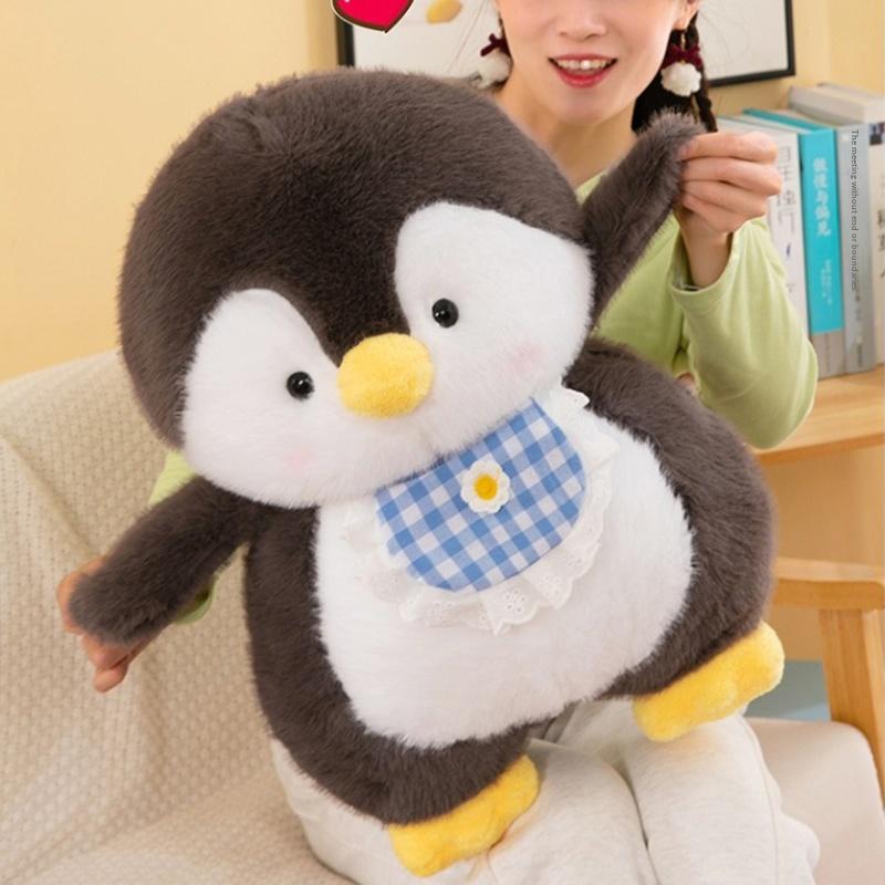 Lightweight Soft Penguin Stuffed Animal Fluffy Plush with Cute Checkered Bib for Kids Outdoor Travel Gift Decor