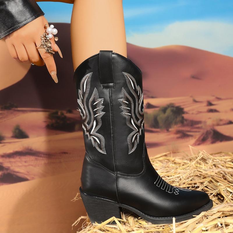 Fashion New Spring and Fall Fashionable Pointy Solid Color Women's Mid-calf Boots with Mid-heel Sleeves Embroidered Western Cowboy Boots