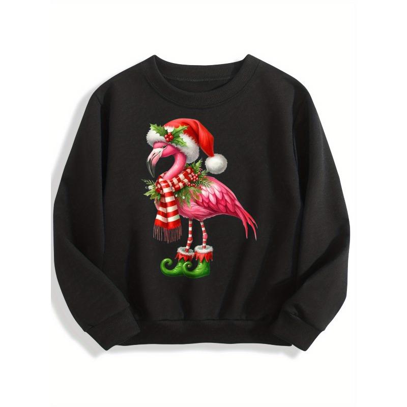 Kids Black Crewneck Sweatshirt, Christmas Flamingo Graphic Print 110 чёрный