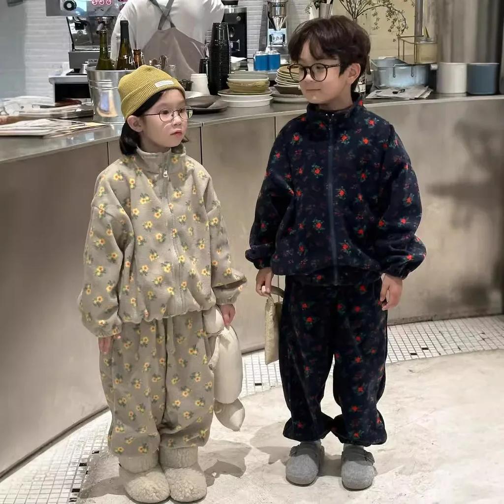Winter Children's Korean Edition Full Print Zipper Thickened Warmth Set