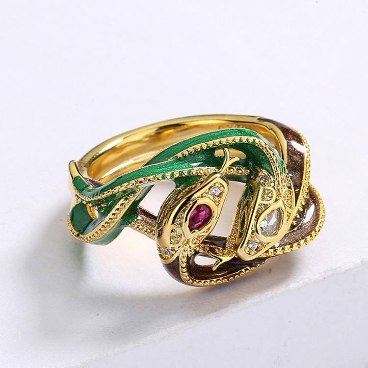 Exotischer Rock Hip-Hop Ring im altägyptischen Stil Doppelter Schlangen-Totem Emaille-Ring