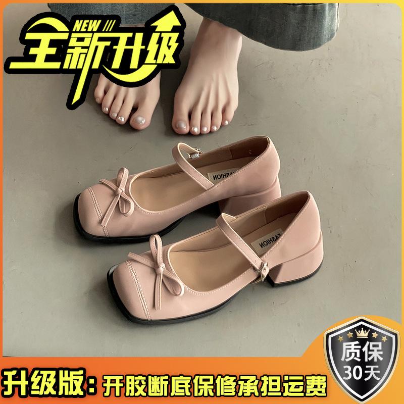 Summer new retro bow French thick heel high heels shallow mouth Mary Jane shoes Korean version gentle middle heel single shoes