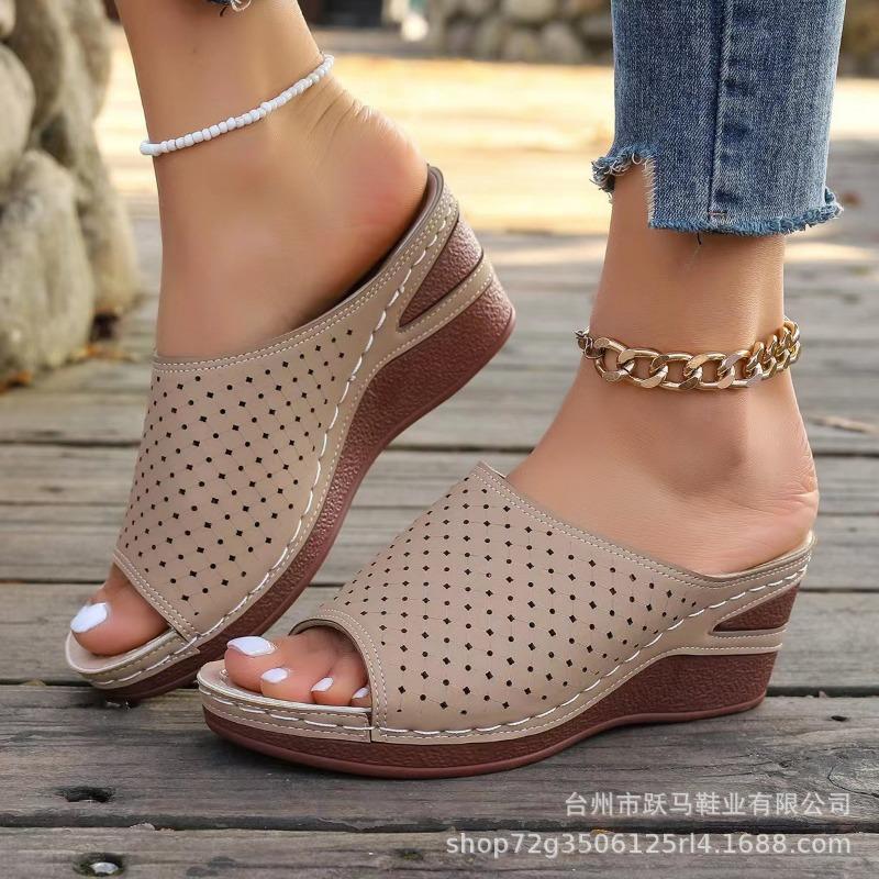 European and American sandals women's large-size wedges, summer new fish mouth laser hollow shoes wear cross-border slippers women