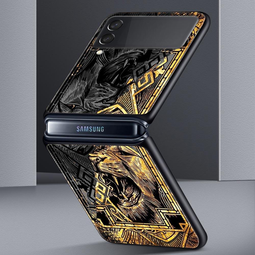 Cross Pattern Bicolor Lion Hard PC Phone Case For Samsung Galaxy Z Flip 7 6 5 4 Black Cover For Galaxy Z Flip 3 Foldable Fundas