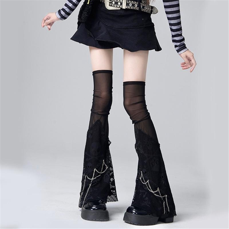 Maniche per gambe in rete estive Scaldamuscoli punk con teschio Calzettoni lunghi alla moda Maniche per gambe per sottoculture Streetwear per donna