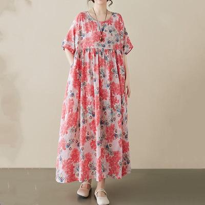 Manga corta Tallas grandes de algodón vintage floral nuevo en vestidos para mujer vestido largo casual suelto de verano
