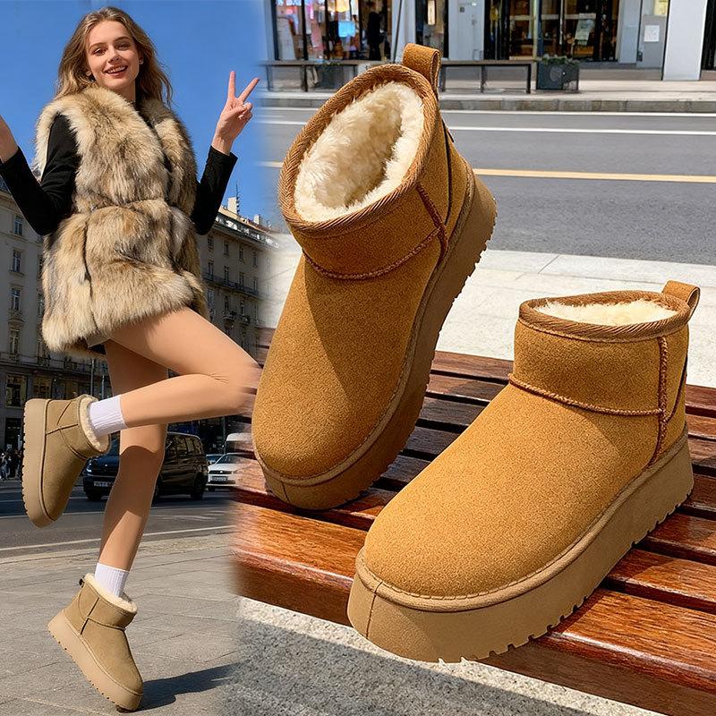 Fleece Snow Boots Women's Thick-soled Winter New Fur Integrated Short Boots Thickened Non-slip Cotton Shoes