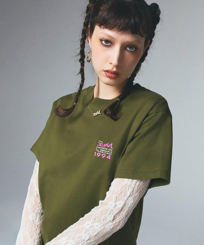 Casual Box Logo and Face Short Sleeve Olive X-girl Tee, Women's,
