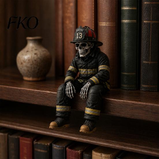 Firefighter Ornament Skeleton Shelf Sitter Statue, Vintage Resin Figurine with Realistic Gear & Distressed Dark Industrial Aesthetic Finish,