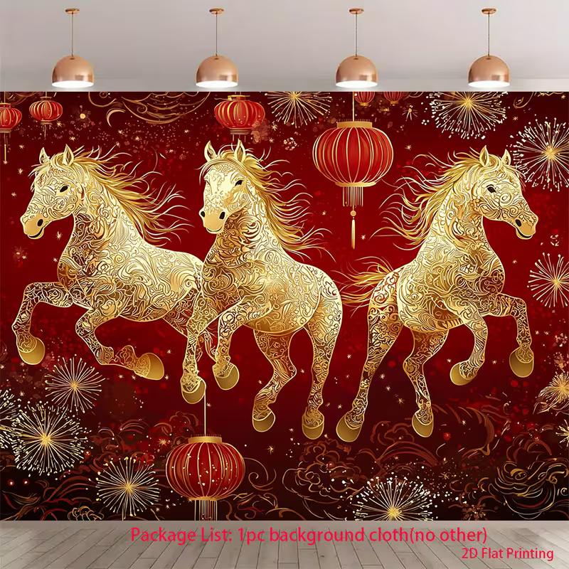 2D Red Festive Horse Tapestry Lantern Fireworks Background Cloth 47.2x31.5inch/120*80cm