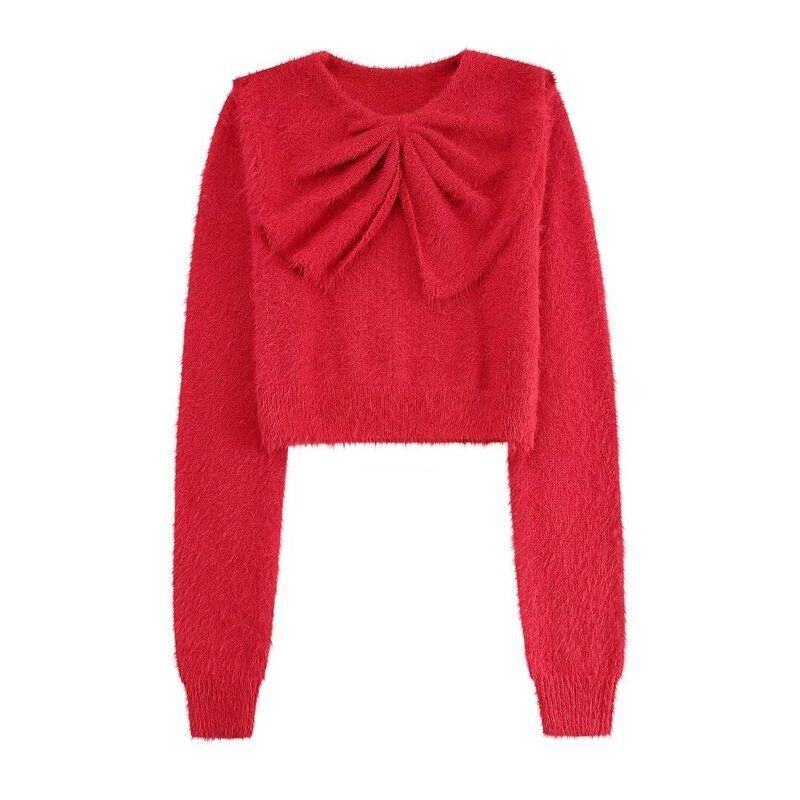 Fashion Style 2024 Spring New Arrival Women's Slim Looking Easiest for Match Bows Furry Pullover Wool Knitwear 1213182