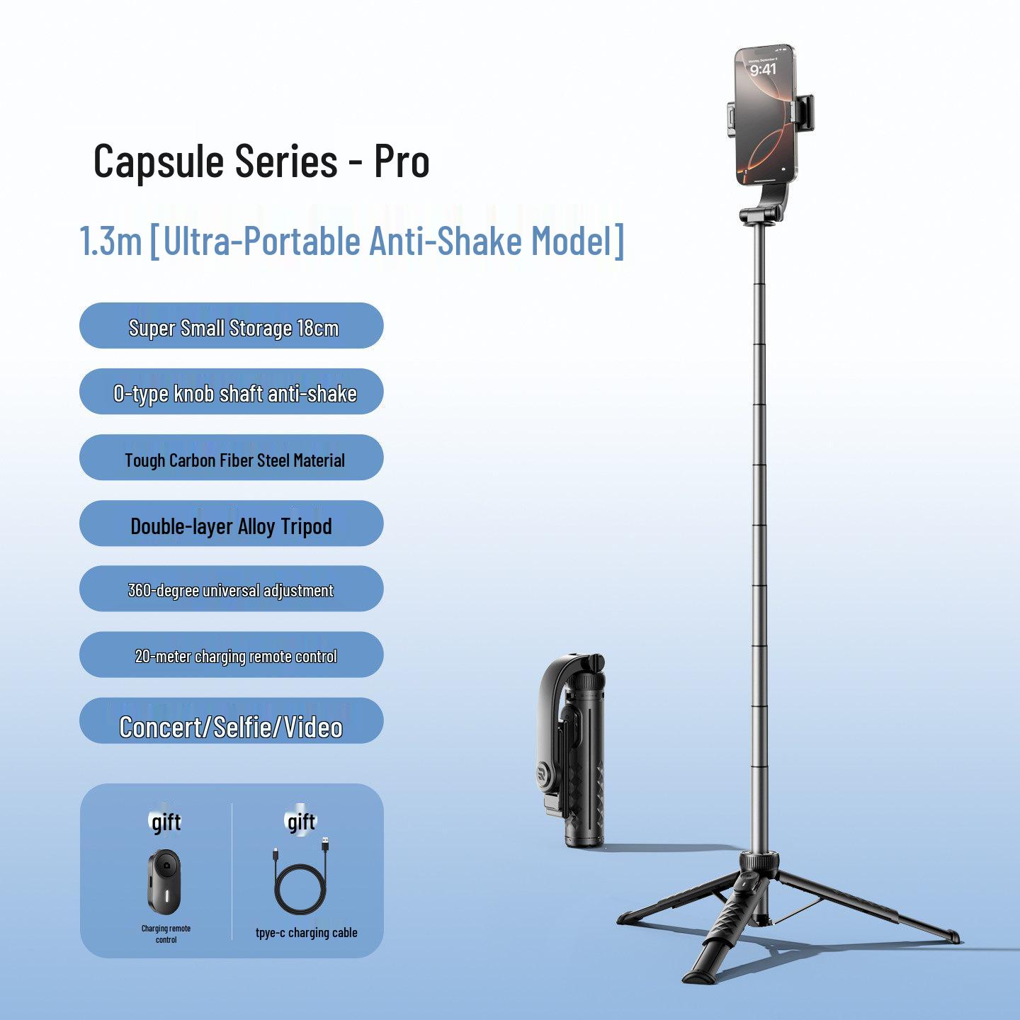 Dual-Head Travel Tripod & Selfie Stick: Portable Camera Stand with Anti-Shake Gimbal