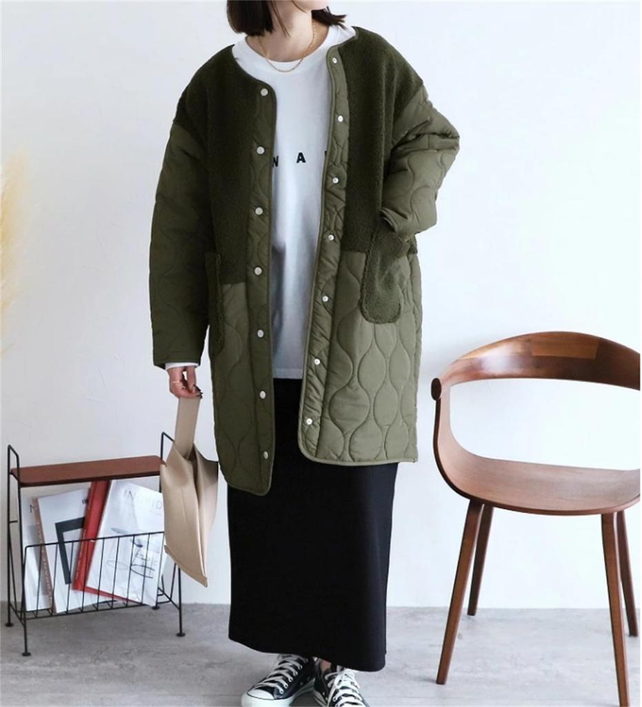 Quilted Long Slimming Winter Loose Fit [kisetsumate] Women's Jacket, Outerwear, No-Collar Boa, Coat, Lightweight, Warm, Padded, (Free Size, Green)