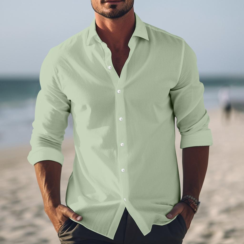Chemises Décontractées Homme Printemps Été Design Coton Lin Couleur Manches Longues Coupe Ample Col Montant