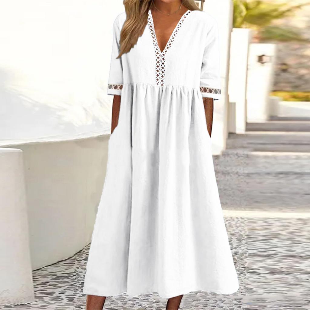 Frühlings- und Sommer-Damen-Farb-Kurzarm-Spitzen-V-Ausschnitt-Taillen-Hochkleid