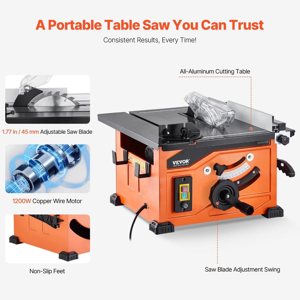Table Saw, 1200 W Portable Compact Tablesaw, 210 MM Saw Blade O.D Construction Circular Saw, 225 MM Max. Cutting Capacity, 4800 RPM Cutting Speed,