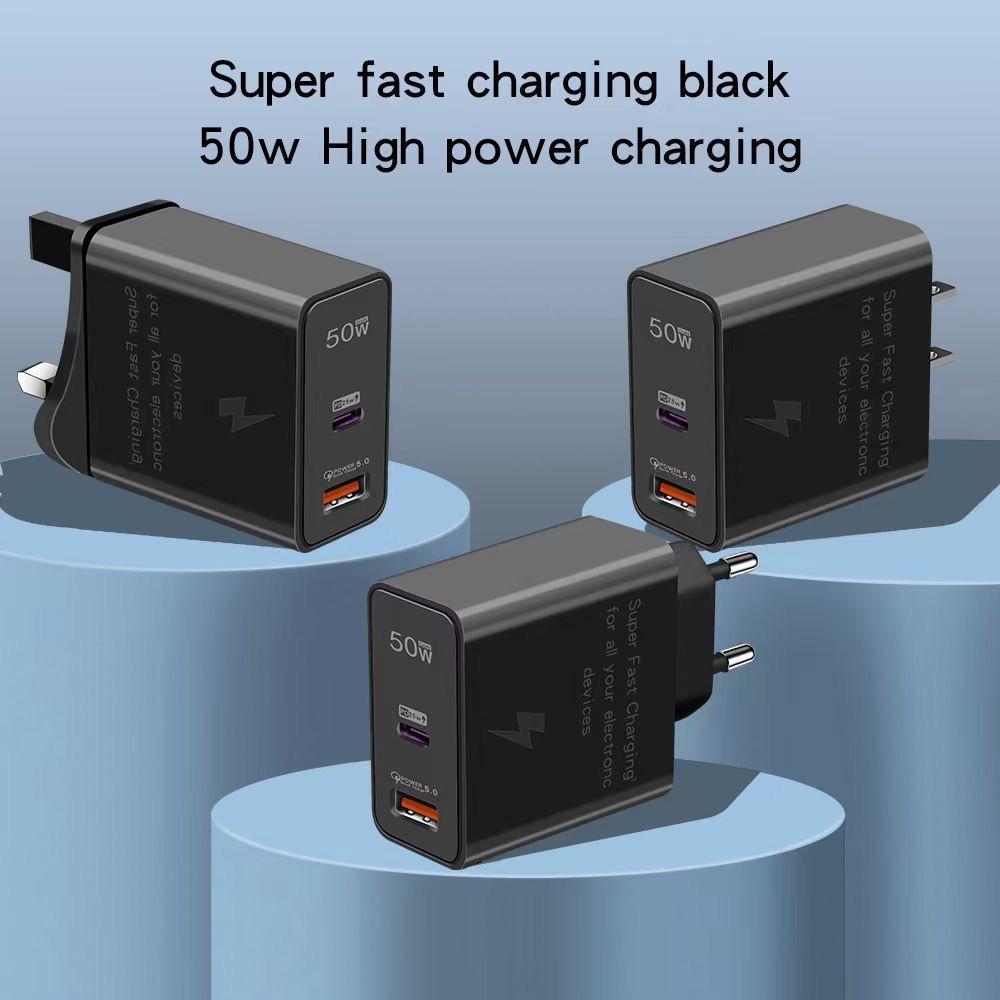 50W Dual-Port Charger, Compatible with Samsung, Huawei, and Apple Phones, PD Fast Charging Adapter for EU/US/UK Standards.