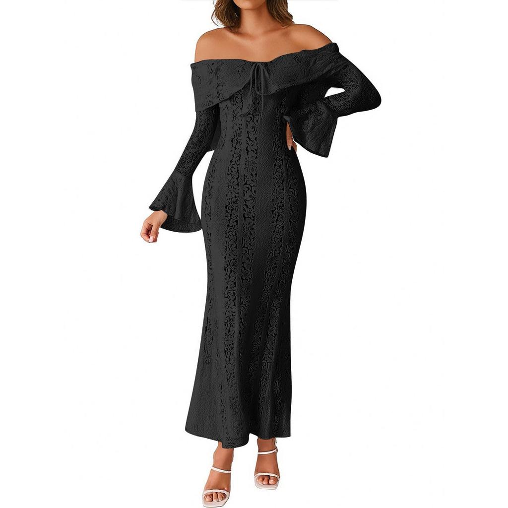 Elegant Off Shoulder Lace Maxi Dress  Women Long Sleeve Evening Party Dresses For Date Nights