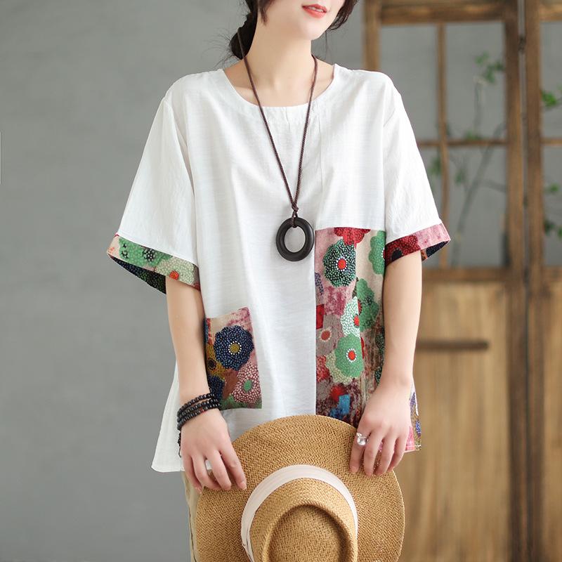 Vintage Bedrucktes Oberteil Locker Kurzärmeliges T-Shirt Damen Sommer O-Ausschnitt Lässig Einsätze Tasche Tee Tops Weiblich 2025 Neu