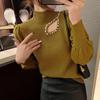 2023 Puff Sleeve Knit Top for Women: Sexy Hollow-Out Beaded Half-High Collar Sweater, Perfect for Autumn/Winter.
