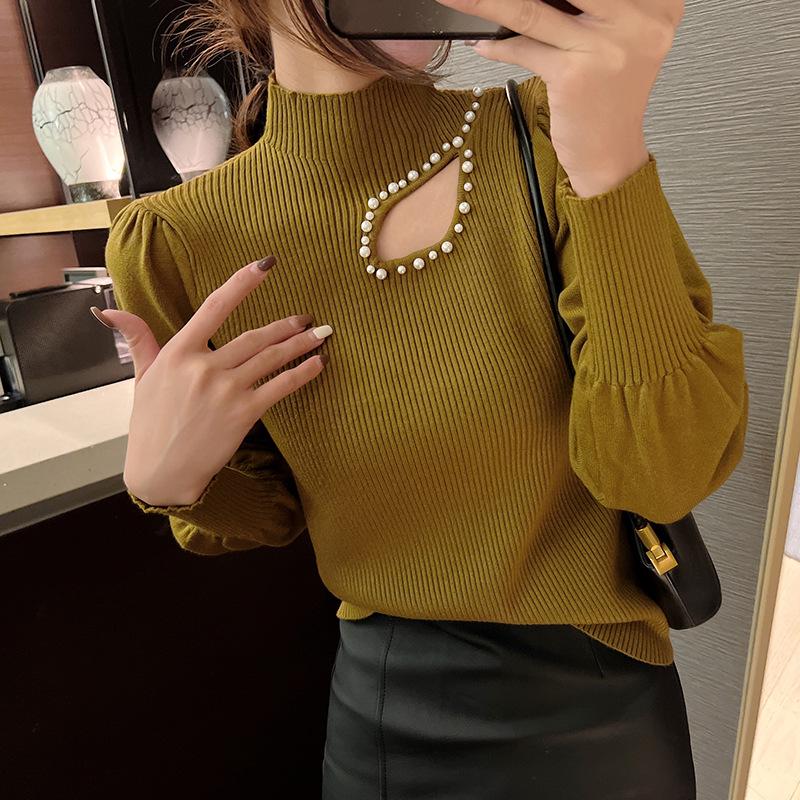 2023 Puff Sleeve Knit Top for Women: Sexy Hollow-Out Beaded Half-High Collar Sweater, Perfect for Autumn/Winter.