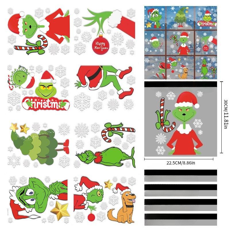 Green Christmas Character Electrostatic Stickers, Decorative Glass Window Stickers, Window Display Atmosphere Stickers
