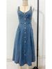 2026 Summer Women's Blue Denim Strappy Single-breasted Mid-length Dress
