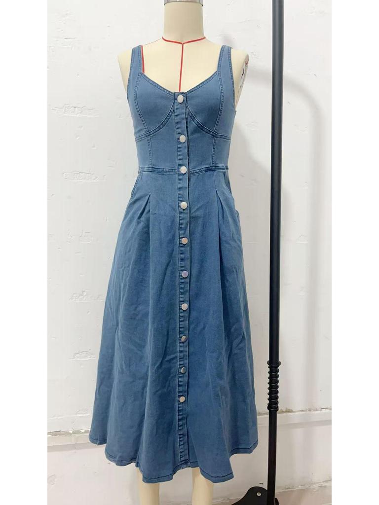 2026 Summer Women's Blue Denim Strappy Single-breasted Mid-length Dress